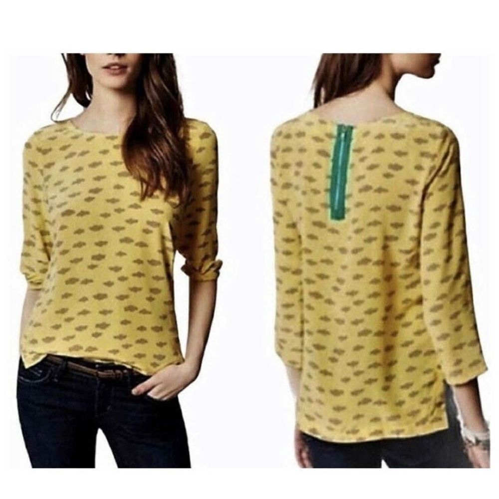 MaEve for Anthropologie‎ Linosa Yellow with Gray Cloud 100% Silk Blouse s…